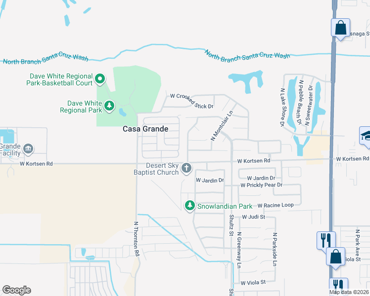 map of restaurants, bars, coffee shops, grocery stores, and more near 2025 North Thunderbird Avenue in Casa Grande
