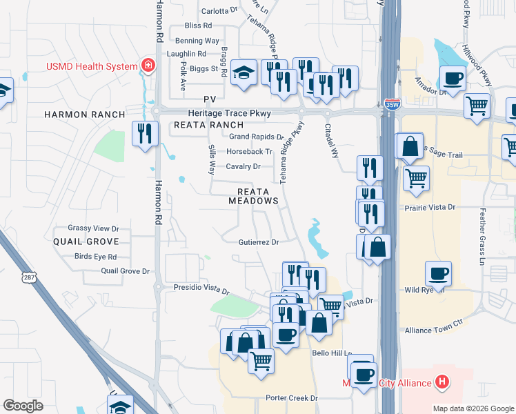 map of restaurants, bars, coffee shops, grocery stores, and more near 9260 Los Cabos Trail in Fort Worth