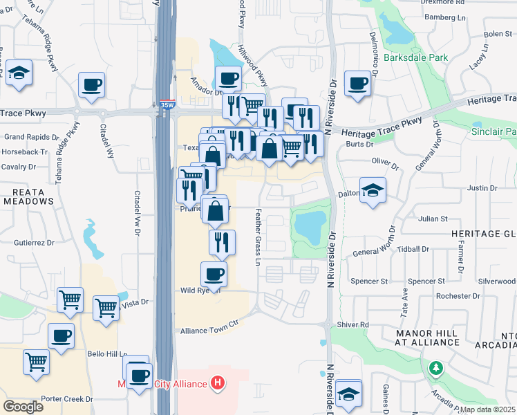 map of restaurants, bars, coffee shops, grocery stores, and more near Feather Grass Lane in Fort Worth