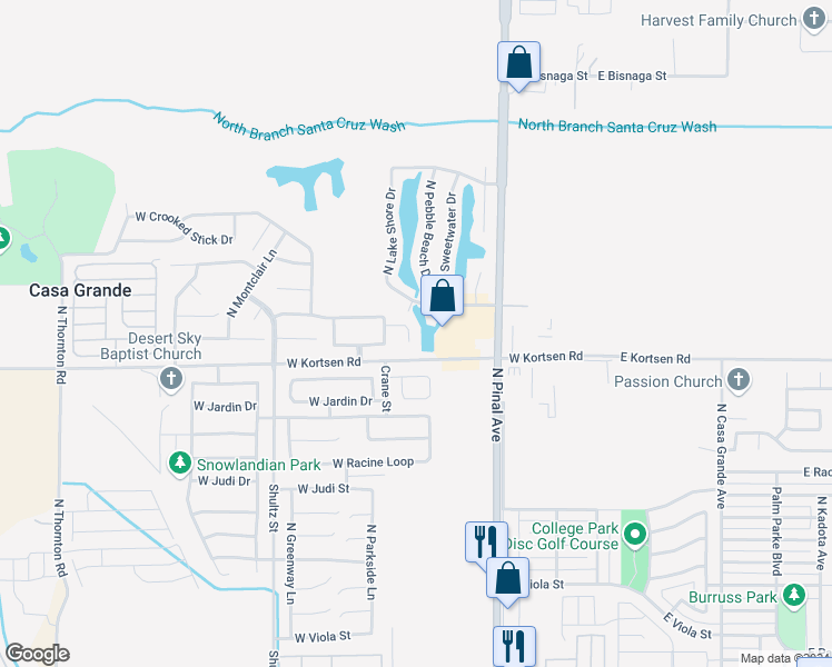 map of restaurants, bars, coffee shops, grocery stores, and more near 526 West Casa Mirage Court in Casa Grande