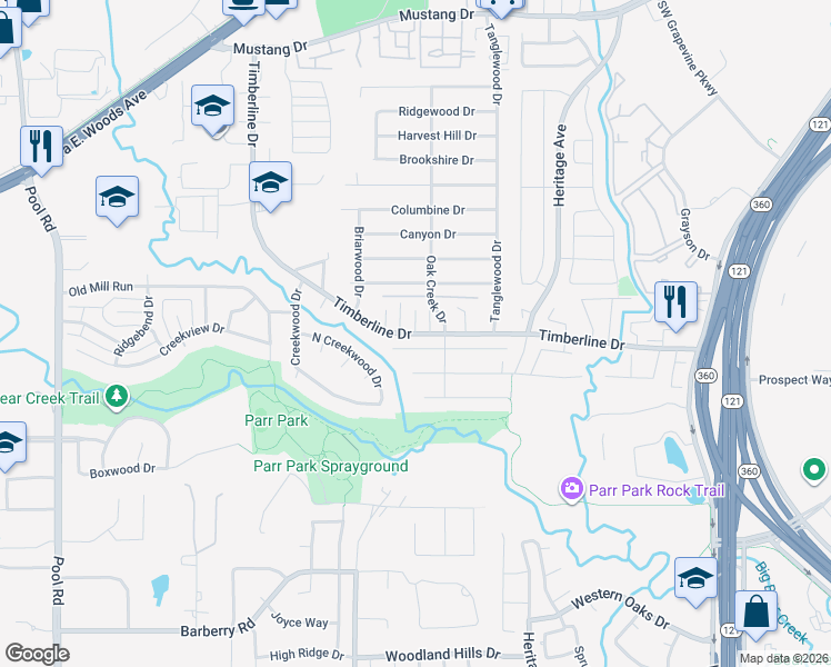 map of restaurants, bars, coffee shops, grocery stores, and more near 2900 Timberline Drive in Grapevine