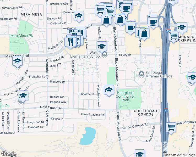 map of restaurants, bars, coffee shops, grocery stores, and more near 12755 Caminito Westchester in San Diego