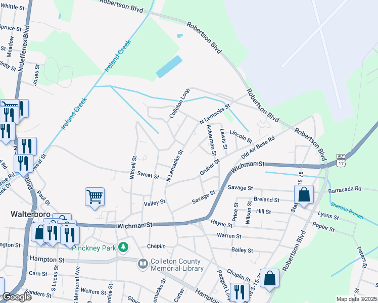 map of restaurants, bars, coffee shops, grocery stores, and more near 930 North Lemacks Street in Walterboro