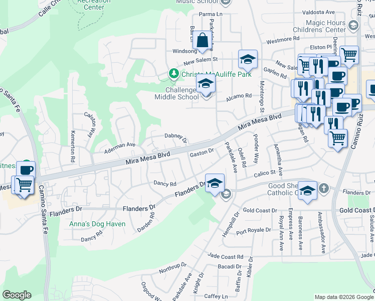 map of restaurants, bars, coffee shops, grocery stores, and more near Mira Mesa Boulevard & Dabney Drive in San Diego