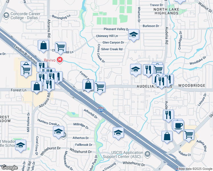 map of restaurants, bars, coffee shops, grocery stores, and more near 9601C Forest Lane in Dallas