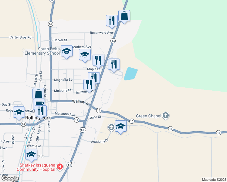 map of restaurants, bars, coffee shops, grocery stores, and more near 416 Washington Circle in Rolling Fork
