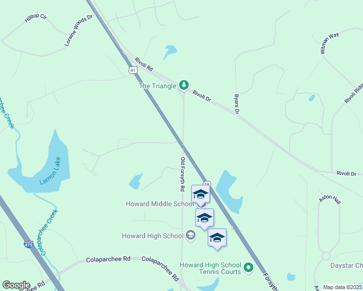 map of restaurants, bars, coffee shops, grocery stores, and more near 6600 Forsyth Road in Macon