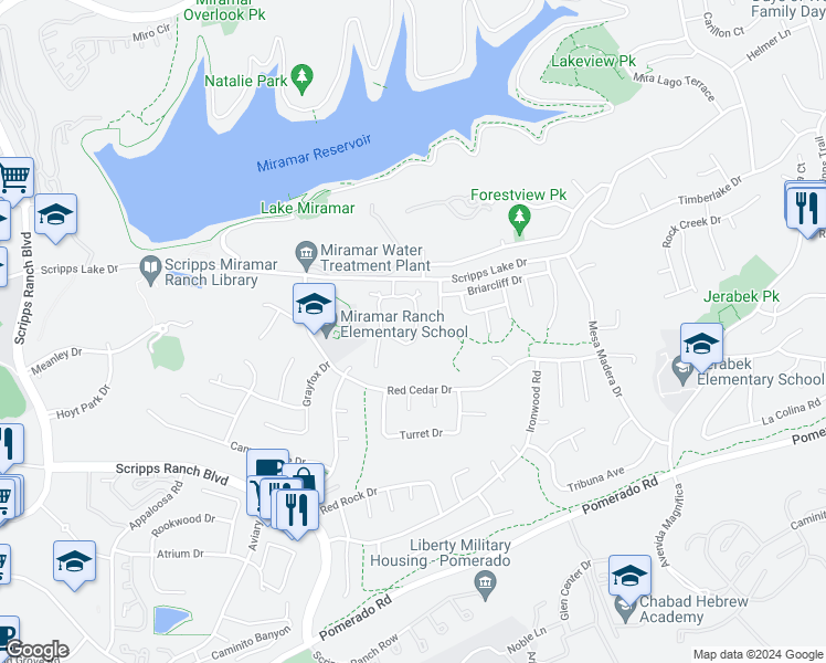 map of restaurants, bars, coffee shops, grocery stores, and more near 10381 Crosscreek Terrace in San Diego