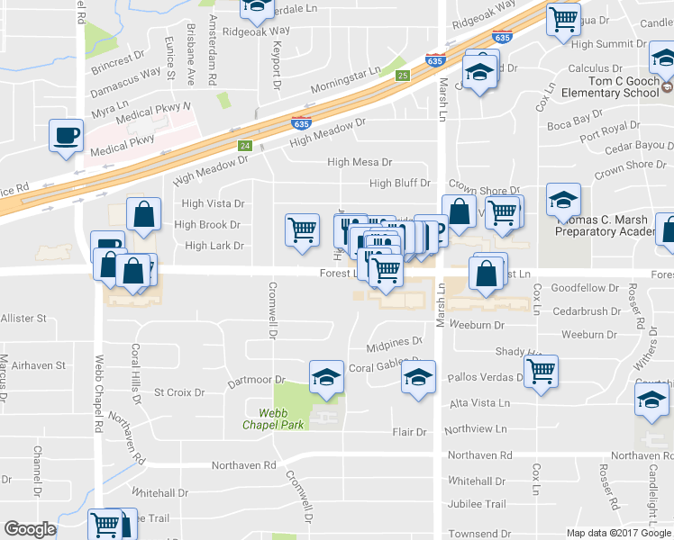 map of restaurants, bars, coffee shops, grocery stores, and more near 3539 Forest Lane in Dallas