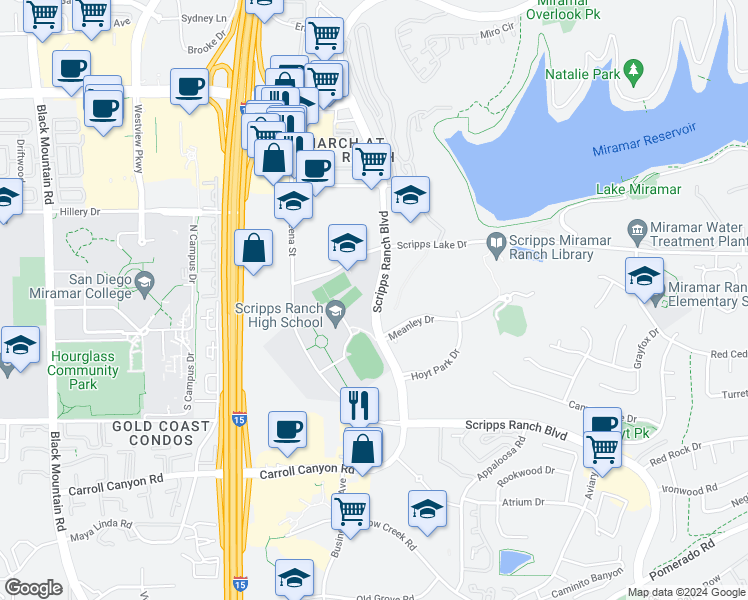 map of restaurants, bars, coffee shops, grocery stores, and more near 10424 Scripps Ranch Blvd in San Diego