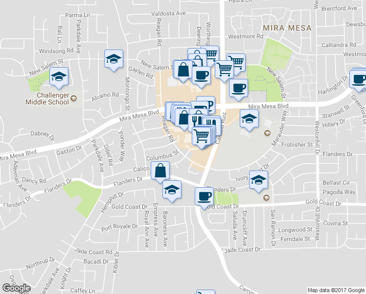 map of restaurants, bars, coffee shops, grocery stores, and more near 8181 Mira Mesa Boulevard in San Diego