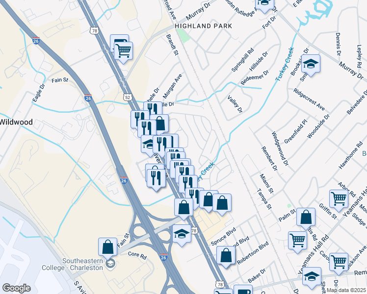 map of restaurants, bars, coffee shops, grocery stores, and more near 6231 Rolling Fork Road in North Charleston