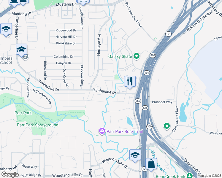 map of restaurants, bars, coffee shops, grocery stores, and more near 2400 Timberline Drive in Grapevine