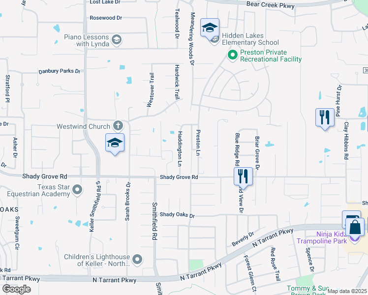 map of restaurants, bars, coffee shops, grocery stores, and more near 1313 Haddington Lane in Keller