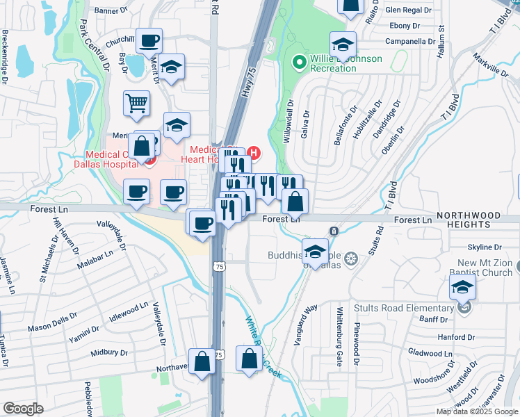 map of restaurants, bars, coffee shops, grocery stores, and more near 8045 Forest Lane in Dallas