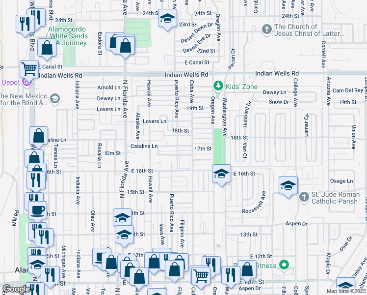 map of restaurants, bars, coffee shops, grocery stores, and more near 1113 Catalina Lane in Alamogordo