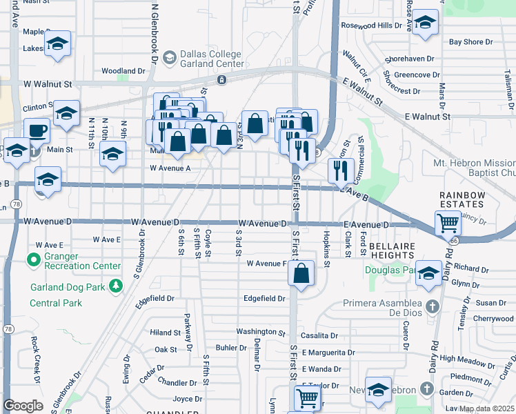 map of restaurants, bars, coffee shops, grocery stores, and more near 221 South 2nd Street in Garland