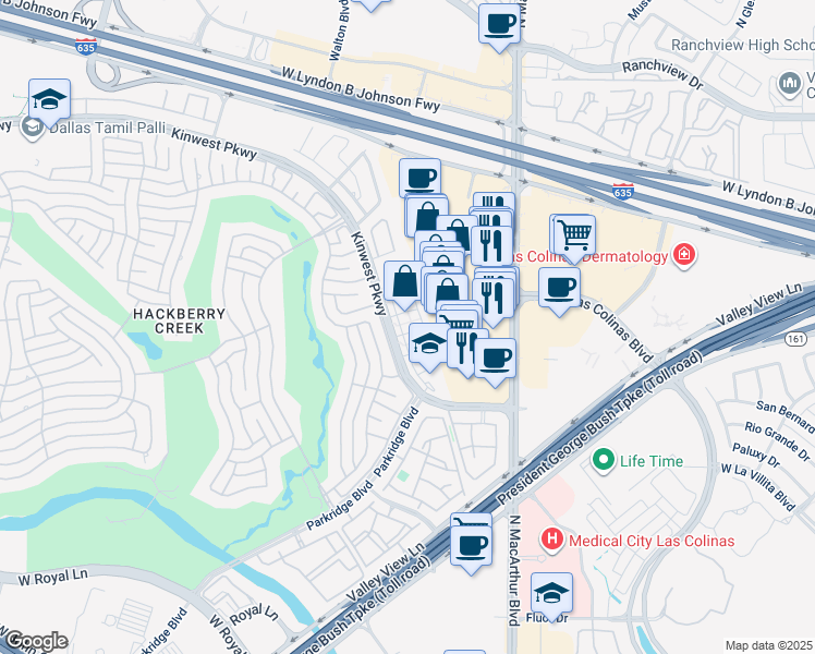map of restaurants, bars, coffee shops, grocery stores, and more near 1135 Kinwest Parkway in Irving