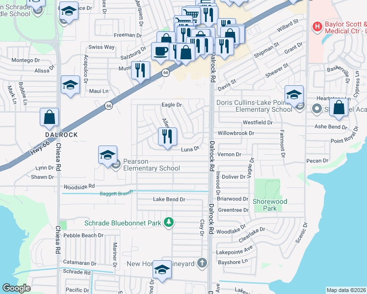 map of restaurants, bars, coffee shops, grocery stores, and more near 8401 Luna Drive in Rowlett