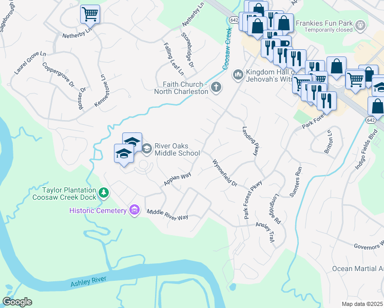 map of restaurants, bars, coffee shops, grocery stores, and more near 8594 Heatherglen Court in North Charleston
