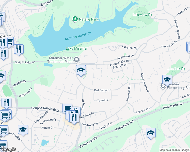 map of restaurants, bars, coffee shops, grocery stores, and more near 10304 Crosscreek Terrace in San Diego