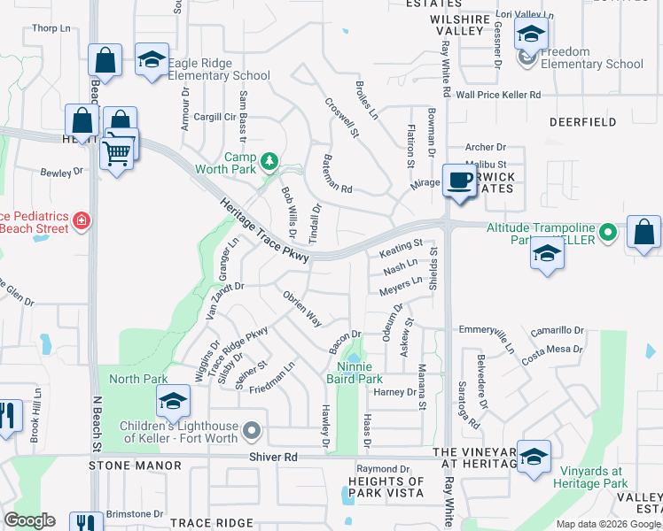 map of restaurants, bars, coffee shops, grocery stores, and more near 4937 Van Zandt Drive in Fort Worth