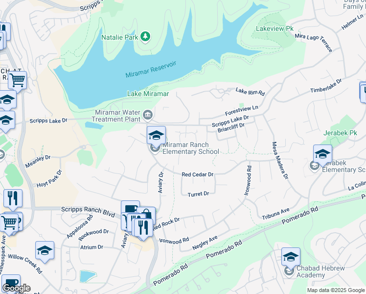 map of restaurants, bars, coffee shops, grocery stores, and more near 10304 Crosscreek Terrace in San Diego