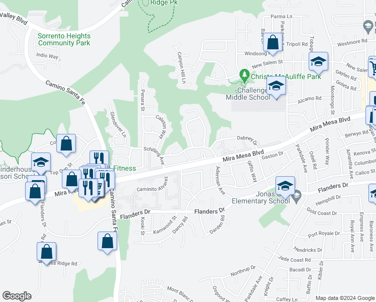 map of restaurants, bars, coffee shops, grocery stores, and more near 7245 Fargate Terrace in San Diego
