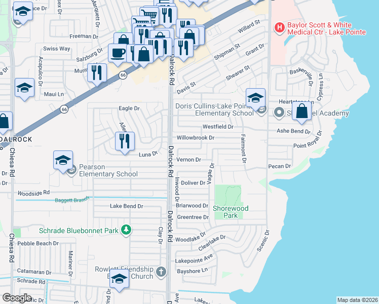 map of restaurants, bars, coffee shops, grocery stores, and more near 8818 Miami Drive in Rowlett