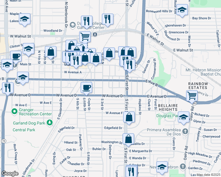 map of restaurants, bars, coffee shops, grocery stores, and more near 221 South 2nd Street in Garland