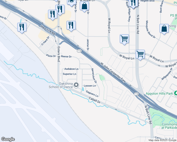 map of restaurants, bars, coffee shops, grocery stores, and more near 4130 Audubon Lane in Irving