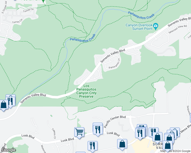map of restaurants, bars, coffee shops, grocery stores, and more near 10521 Chamisal Place in San Diego