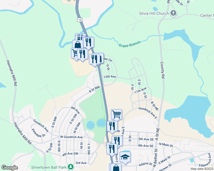 map of restaurants, bars, coffee shops, grocery stores, and more near 119 Deluxe Circle in Thomaston