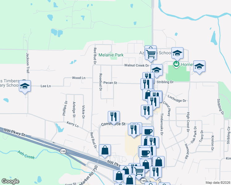 map of restaurants, bars, coffee shops, grocery stores, and more near 912 Red Oak Street in Azle