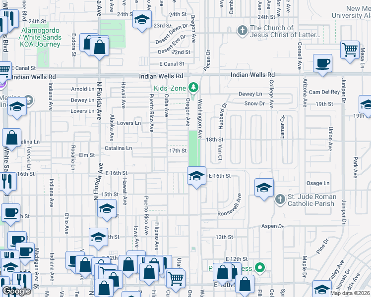 map of restaurants, bars, coffee shops, grocery stores, and more near 1315 17th St in Alamogordo