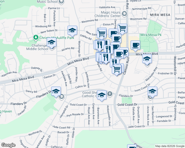 map of restaurants, bars, coffee shops, grocery stores, and more near 8068 Kenova Street in San Diego
