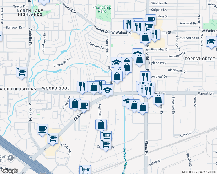 map of restaurants, bars, coffee shops, grocery stores, and more near 10327 Black Walnut Drive in Dallas