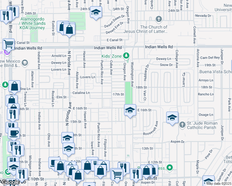 map of restaurants, bars, coffee shops, grocery stores, and more near 1305 17th Street in Alamogordo
