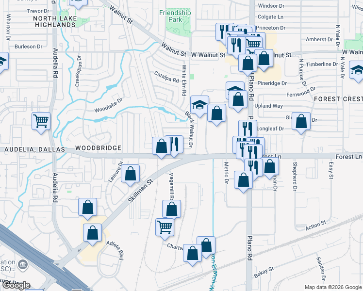 map of restaurants, bars, coffee shops, grocery stores, and more near 10327 Black Walnut Dr in Dallas