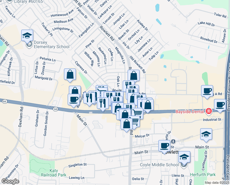 map of restaurants, bars, coffee shops, grocery stores, and more near 3302 Maple Lane in Rowlett