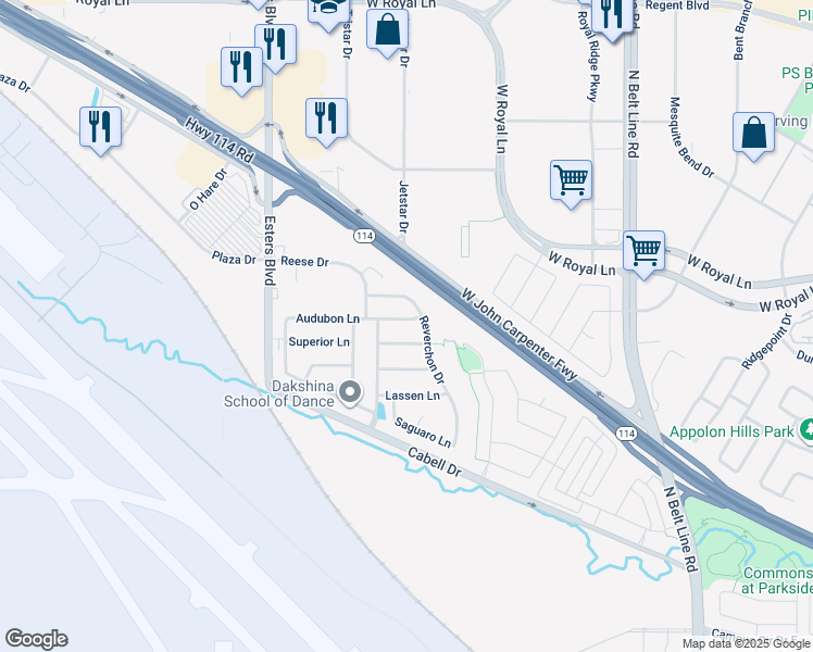 map of restaurants, bars, coffee shops, grocery stores, and more near 4130 Audubon Lane in Irving