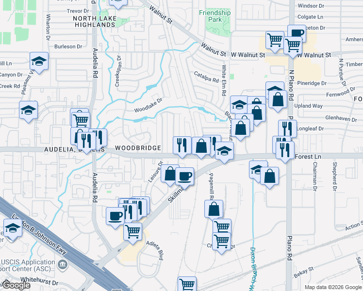 map of restaurants, bars, coffee shops, grocery stores, and more near 11902 Oak Highland Drive in Dallas