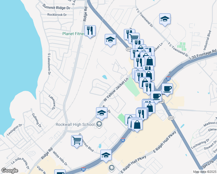 map of restaurants, bars, coffee shops, grocery stores, and more near 221 Pelican Cove Drive in Rockwall