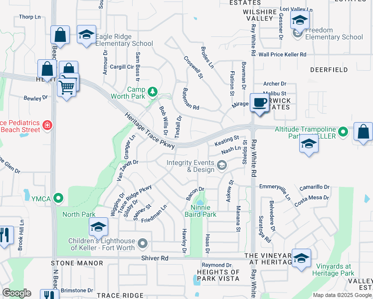 map of restaurants, bars, coffee shops, grocery stores, and more near 4937 Van Zandt Drive in Fort Worth