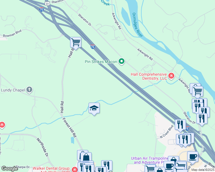 map of restaurants, bars, coffee shops, grocery stores, and more near 4358 Riverside Drive in Macon