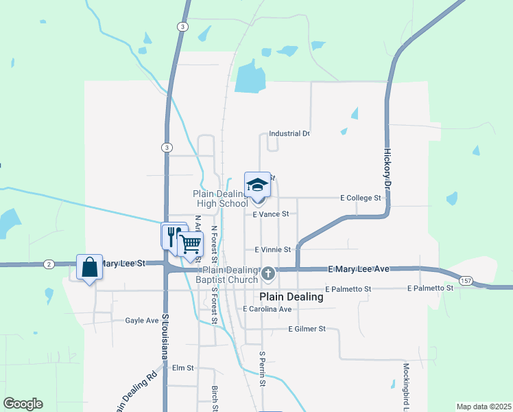 map of restaurants, bars, coffee shops, grocery stores, and more near 300 East Vance Street in Plain Dealing