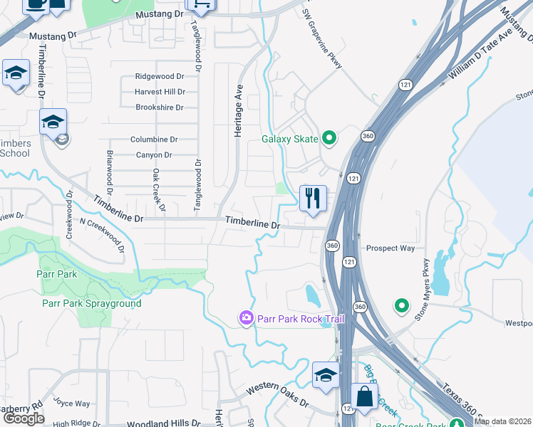 map of restaurants, bars, coffee shops, grocery stores, and more near 2400 Timberline Drive in Grapevine
