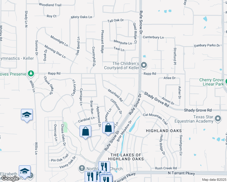 map of restaurants, bars, coffee shops, grocery stores, and more near 721 Muirfield Road in Keller