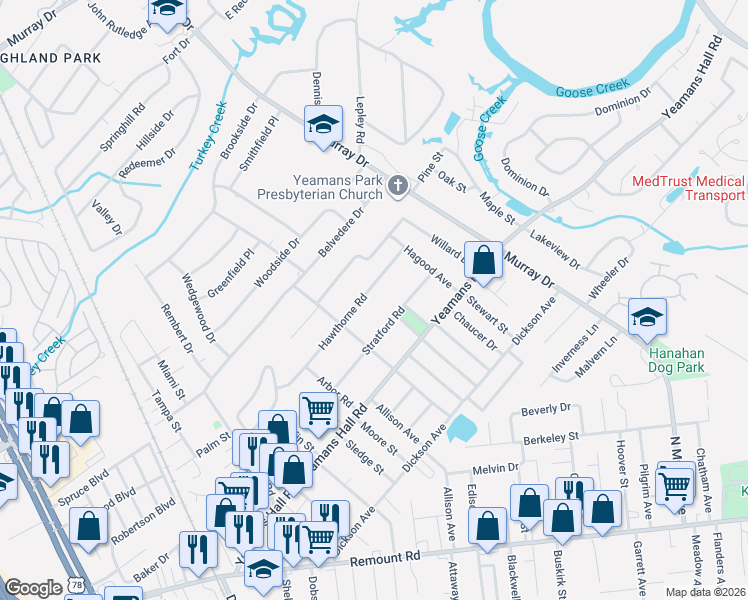map of restaurants, bars, coffee shops, grocery stores, and more near 5941 Willard Drive in Hanahan