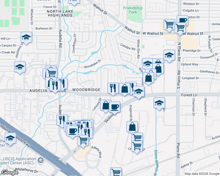 map of restaurants, bars, coffee shops, grocery stores, and more near 11817 Garden Terrace Drive in Dallas
